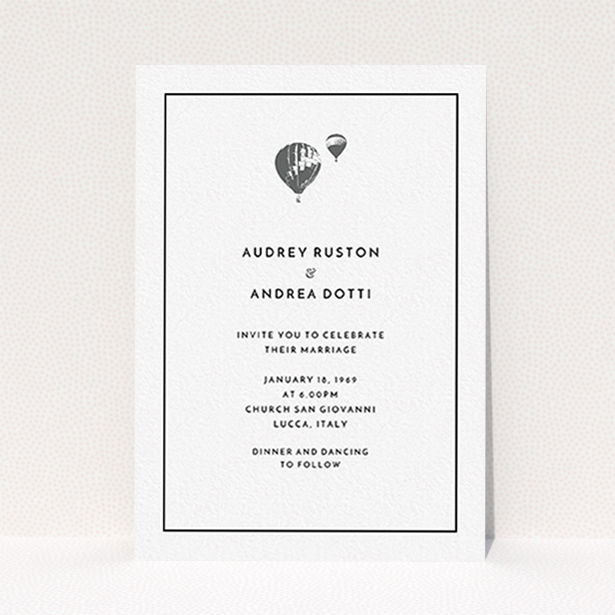 A personalised wedding invite design called "Off and away". It is an A6 invite in a portrait orientation. "Off and away" is available as a flat invite, with tones of white and grey.