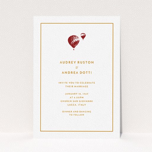 A personalised wedding invite design named "Off and away". It is an A6 invite in a portrait orientation. "Off and away" is available as a flat invite, with tones of white and orange.
