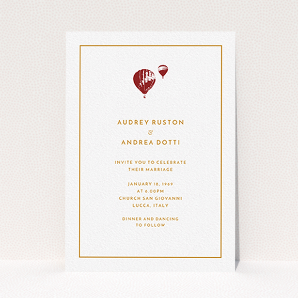 A personalised wedding invite design named "Off and away". It is an A6 invite in a portrait orientation. "Off and away" is available as a flat invite, with tones of white and orange.