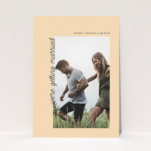 A personalised wedding invite template titled "Old Orange". It is an A6 invite in a portrait orientation. It is a photographic personalised wedding invite with room for 1 photo. "Old Orange" is available as a flat invite, with mainly faded orange colouring.