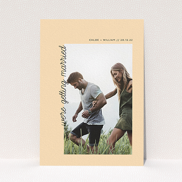 A personalised wedding invite template titled "Old Orange". It is an A6 invite in a portrait orientation. It is a photographic personalised wedding invite with room for 1 photo. "Old Orange" is available as a flat invite, with mainly faded orange colouring.