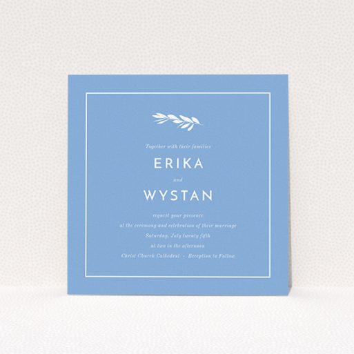 A personalised wedding invite named "Olive branch stamp". It is a square (148mm x 148mm) invite in a square orientation. "Olive branch stamp" is available as a flat invite, with tones of blue and white.