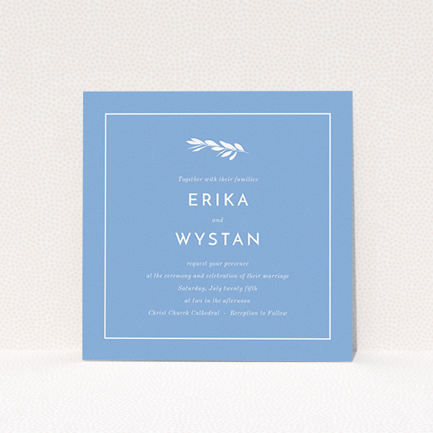 A personalised wedding invite named "Olive branch stamp". It is a square (148mm x 148mm) invite in a square orientation. "Olive branch stamp" is available as a flat invite, with tones of blue and white.