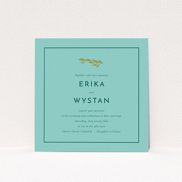 A personalised wedding invite design named "Olive branch stamp". It is a square (148mm x 148mm) invite in a square orientation. "Olive branch stamp" is available as a flat invite, with mainly green colouring.
