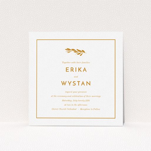 A personalised wedding invite named "Olive branch stamp". It is a square (148mm x 148mm) invite in a square orientation. "Olive branch stamp" is available as a flat invite, with tones of white and orange.