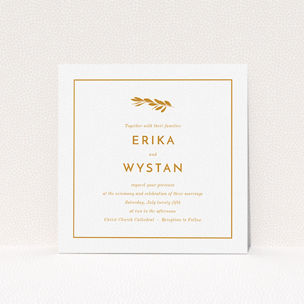 A personalised wedding invite named "Olive branch stamp". It is a square (148mm x 148mm) invite in a square orientation. "Olive branch stamp" is available as a flat invite, with tones of white and orange.