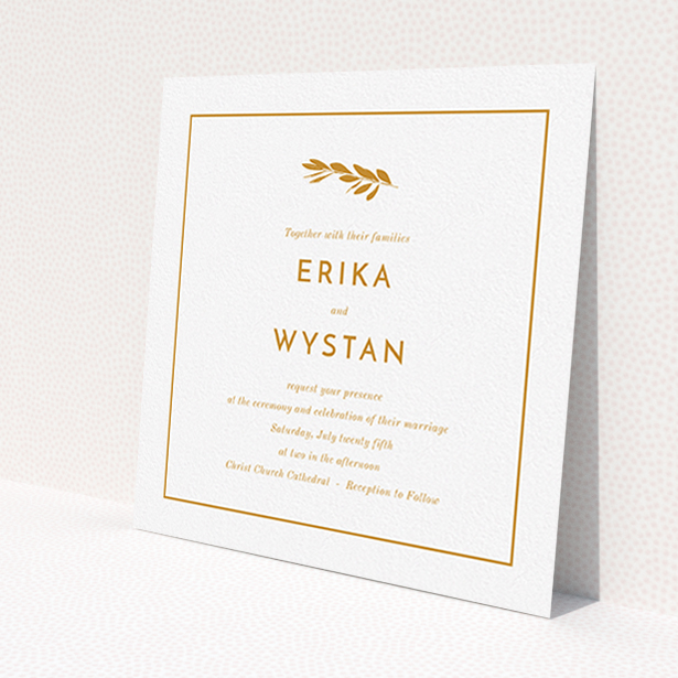 A personalised wedding invite named 'Olive branch stamp'. It is a square (148mm x 148mm) invite in a square orientation. 'Olive branch stamp' is available as a flat invite, with tones of white and orange.