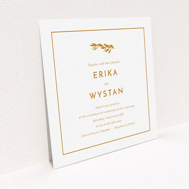 A personalised wedding invite named "Olive branch stamp". It is a square (148mm x 148mm) invite in a square orientation. "Olive branch stamp" is available as a flat invite, with tones of white and orange.