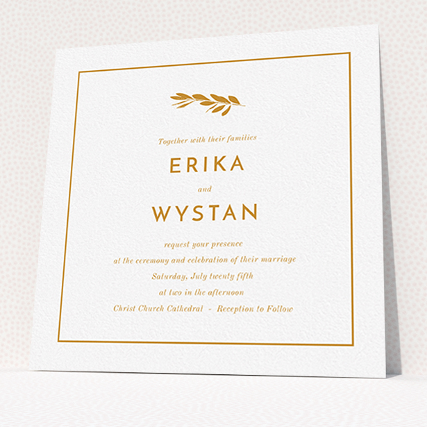 A personalised wedding invite named "Olive branch stamp". It is a square (148mm x 148mm) invite in a square orientation. "Olive branch stamp" is available as a flat invite, with tones of white and orange.