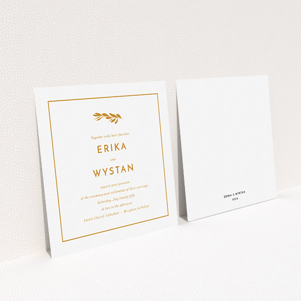 A personalised wedding invite named "Olive branch stamp". It is a square (148mm x 148mm) invite in a square orientation. "Olive branch stamp" is available as a flat invite, with tones of white and orange.