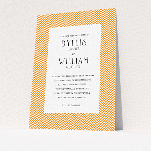 A personalised wedding invite called "Orange Houndstooth". It is an A6 invite in a portrait orientation. "Orange Houndstooth" is available as a flat invite, with tones of orange and white.