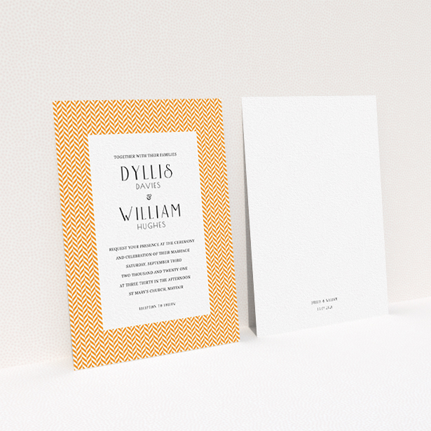 A personalised wedding invite called "Orange Houndstooth". It is an A6 invite in a portrait orientation. "Orange Houndstooth" is available as a flat invite, with tones of orange and white.