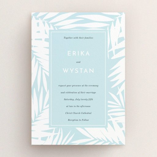 A personalised wedding invite design called "Pastel Jungle". It is an A5 invite in a portrait orientation. "Pastel Jungle" is available as a flat invite, with tones of green and white.