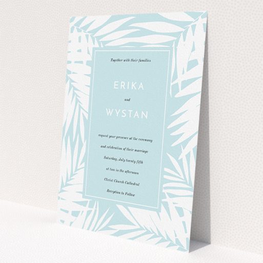 A personalised wedding invite design called 'Pastel Jungle'. It is an A5 invite in a portrait orientation. 'Pastel Jungle' is available as a flat invite, with tones of green and white.