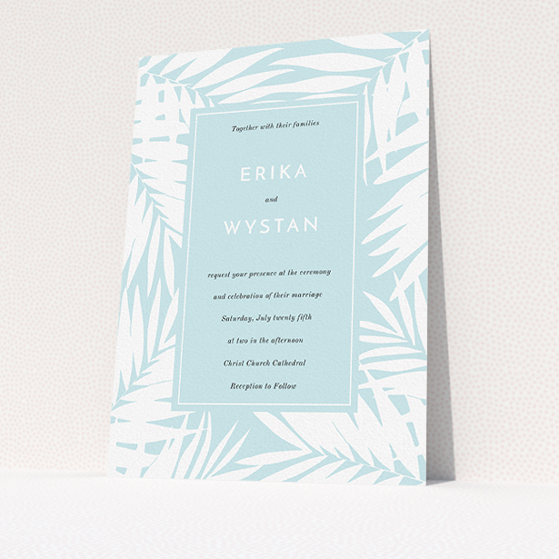 A personalised wedding invite design called "Pastel Jungle". It is an A5 invite in a portrait orientation. "Pastel Jungle" is available as a flat invite, with tones of green and white.
