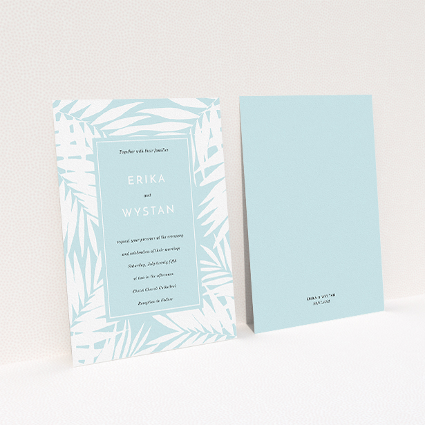 A personalised wedding invite design called "Pastel Jungle". It is an A5 invite in a portrait orientation. "Pastel Jungle" is available as a flat invite, with tones of green and white.