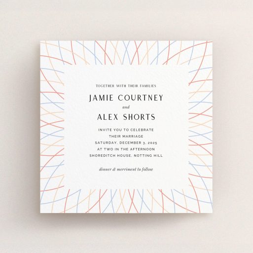 A personalised wedding invite template titled "Pastel Lines". It is a square (148mm x 148mm) invite in a square orientation. "Pastel Lines" is available as a flat invite, with tones of off-white and yellow.