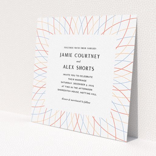 A personalised wedding invite template titled 'Pastel Lines'. It is a square (148mm x 148mm) invite in a square orientation. 'Pastel Lines' is available as a flat invite, with tones of off-white and yellow.