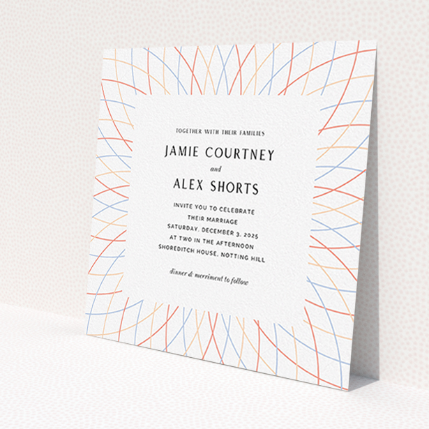 A personalised wedding invite template titled "Pastel Lines". It is a square (148mm x 148mm) invite in a square orientation. "Pastel Lines" is available as a flat invite, with tones of off-white and yellow.