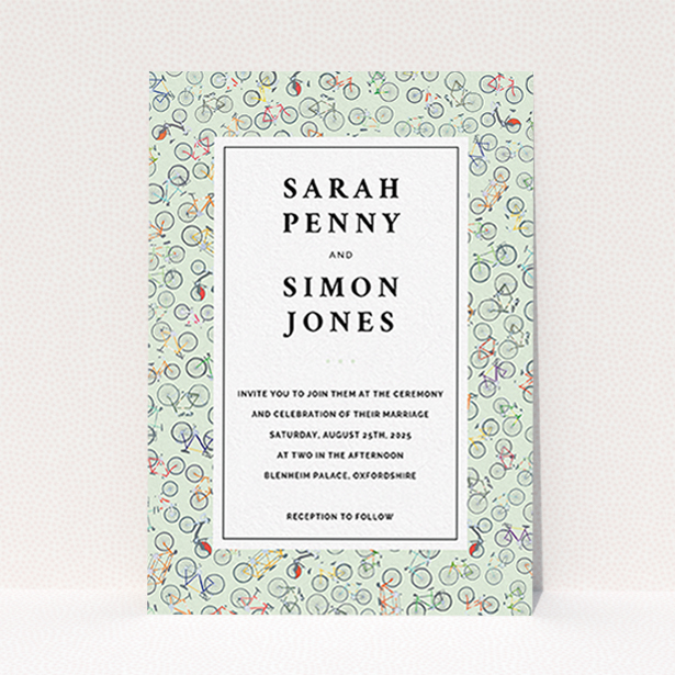 A personalised wedding invite design called "Peloton". It is an A6 invite in a portrait orientation. "Peloton" is available as a flat invite, with tones of green, red and grey.