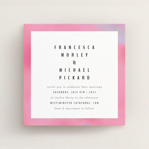 A personalised wedding invite design called "Pink Blur". It is a square (148mm x 148mm) invite in a square orientation. "Pink Blur" is available as a flat invite, with tones of pink, white and light purple.