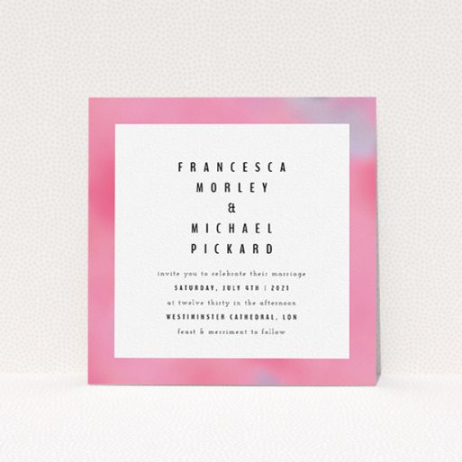 A personalised wedding invite design called "Pink Blur". It is a square (148mm x 148mm) invite in a square orientation. "Pink Blur" is available as a flat invite, with tones of pink, white and light purple.