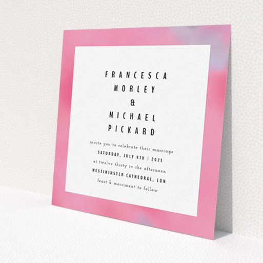 A personalised wedding invite design called 'Pink Blur'. It is a square (148mm x 148mm) invite in a square orientation. 'Pink Blur' is available as a flat invite, with tones of pink, white and light purple.