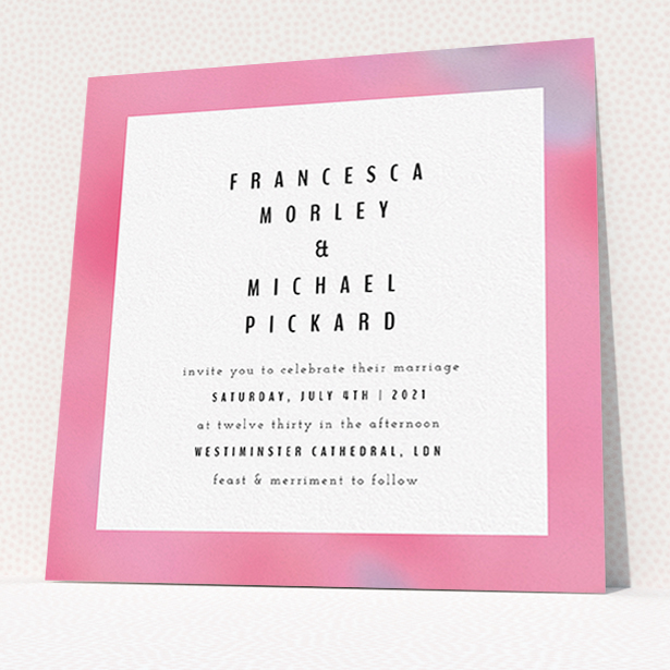 A personalised wedding invite design called "Pink Blur". It is a square (148mm x 148mm) invite in a square orientation. "Pink Blur" is available as a flat invite, with tones of pink, white and light purple.