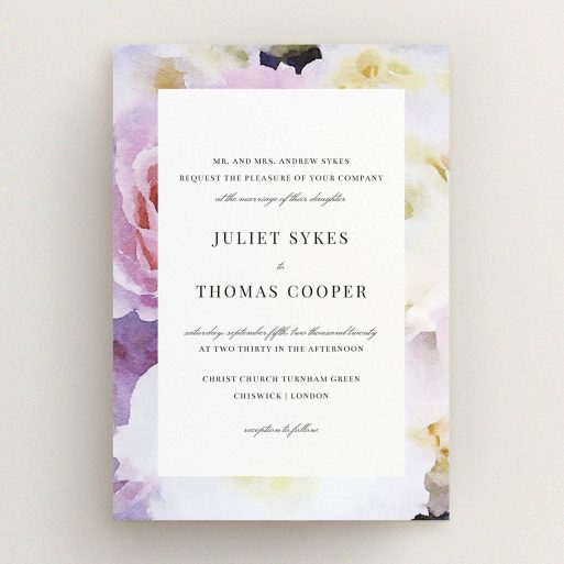 A personalised wedding invite named "Pink Rose Frame". It is an A5 invite in a portrait orientation. "Pink Rose Frame" is available as a flat invite, with tones of light purple and pink.