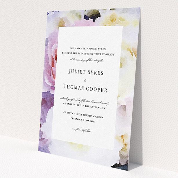 A personalised wedding invite named "Pink Rose Frame". It is an A5 invite in a portrait orientation. "Pink Rose Frame" is available as a flat invite, with tones of light purple and pink.