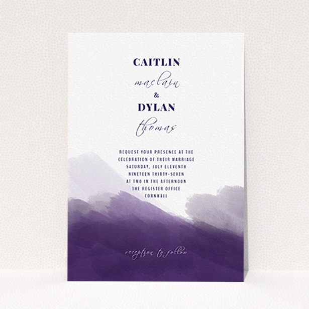 A personalised wedding invite design called "Purple halftone". It is an A6 invite in a portrait orientation. "Purple halftone" is available as a flat invite, with tones of dark purple and white.