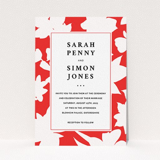 A personalised wedding invite called "Red Flowers". It is an A6 invite in a portrait orientation. "Red Flowers" is available as a flat invite, with tones of red and white.