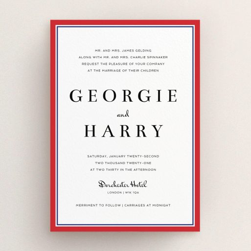 A personalised wedding invite design called "Red with Blue". It is an A5 invite in a portrait orientation. "Red with Blue" is available as a flat invite, with tones of red and blue.
