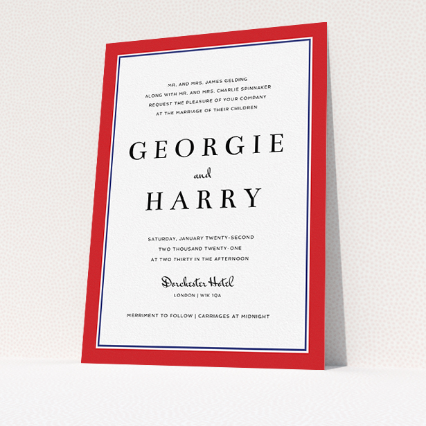 A personalised wedding invite design called "Red with Blue". It is an A5 invite in a portrait orientation. "Red with Blue" is available as a flat invite, with tones of red and blue.