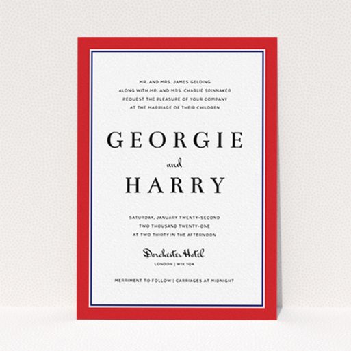 A personalised wedding invite design named "Red with Blue". It is an A6 invite in a portrait orientation. "Red with Blue" is available as a flat invite, with tones of red and blue.