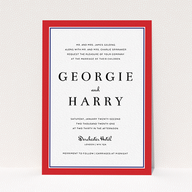 A personalised wedding invite design named "Red with Blue". It is an A6 invite in a portrait orientation. "Red with Blue" is available as a flat invite, with tones of red and blue.
