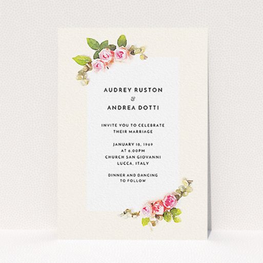 A personalised wedding invite design called "Roses on the corner". It is an A6 invite in a portrait orientation. "Roses on the corner" is available as a flat invite, with tones of pink, green and cream.