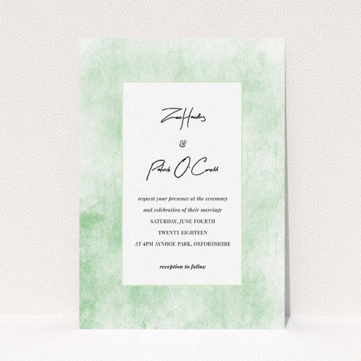 A personalised wedding invite template titled "Rustic Green". It is an A5 invite in a portrait orientation. "Rustic Green" is available as a flat invite, with tones of green and white.
