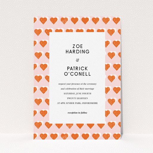 A personalised wedding invite design named "Rustic Hearts". It is an A5 invite in a portrait orientation. "Rustic Hearts" is available as a flat invite, with tones of pink and orange.