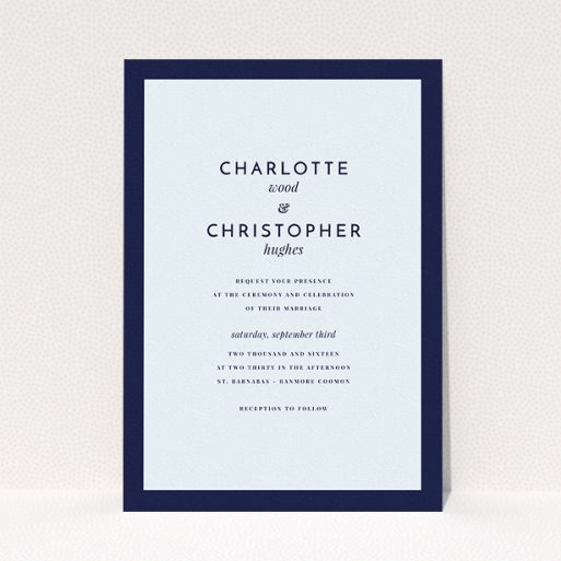 A personalised wedding invite design named "Script switch". It is an A5 invite in a portrait orientation. "Script switch" is available as a flat invite, with mainly blue colouring.