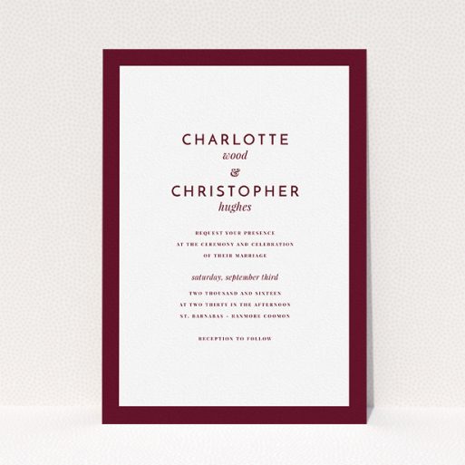 A personalised wedding invite design called "Script switch". It is an A5 invite in a portrait orientation. "Script switch" is available as a flat invite, with tones of burgundy and white.
