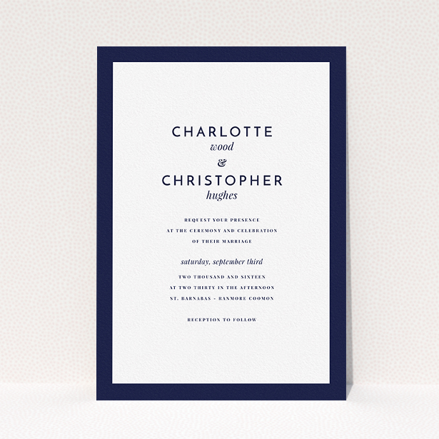 A personalised wedding invite named "Script switch". It is an A5 invite in a portrait orientation. "Script switch" is available as a flat invite, with tones of navy blue and white.