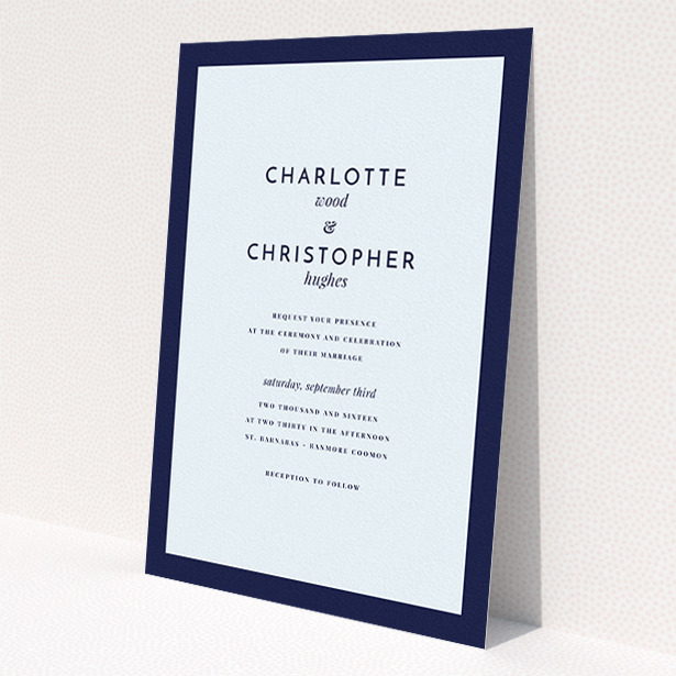 A personalised wedding invite design named 'Script switch'. It is an A5 invite in a portrait orientation. 'Script switch' is available as a flat invite, with mainly blue colouring.