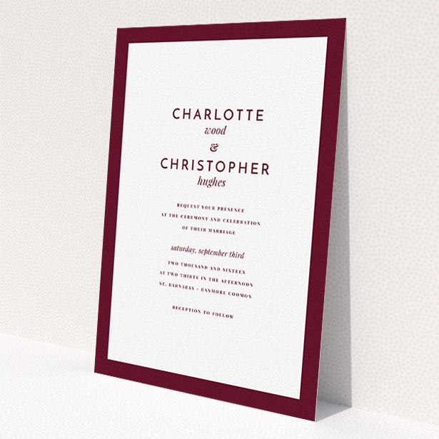 A personalised wedding invite design called 'Script switch'. It is an A5 invite in a portrait orientation. 'Script switch' is available as a flat invite, with tones of burgundy and white.