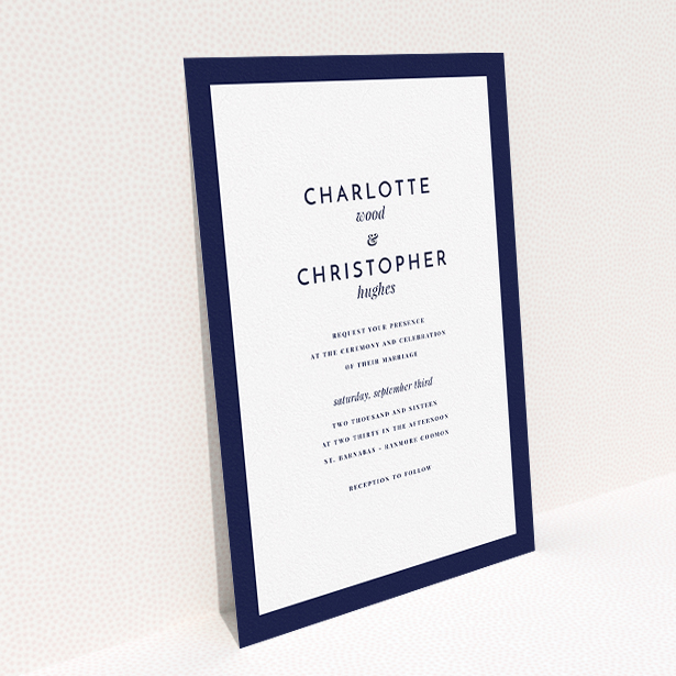 A personalised wedding invite named "Script switch". It is an A5 invite in a portrait orientation. "Script switch" is available as a flat invite, with tones of navy blue and white.