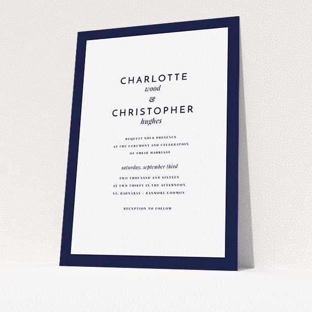 A personalised wedding invite named "Script switch". It is an A5 invite in a portrait orientation. "Script switch" is available as a flat invite, with tones of navy blue and white.