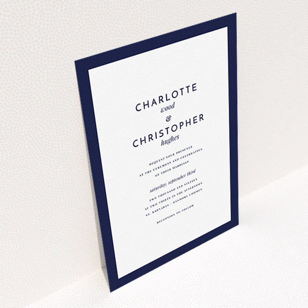 A personalised wedding invite named "Script switch". It is an A5 invite in a portrait orientation. "Script switch" is available as a flat invite, with tones of navy blue and white.