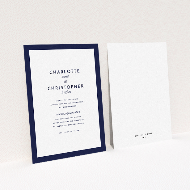 A personalised wedding invite named "Script switch". It is an A5 invite in a portrait orientation. "Script switch" is available as a flat invite, with tones of navy blue and white.