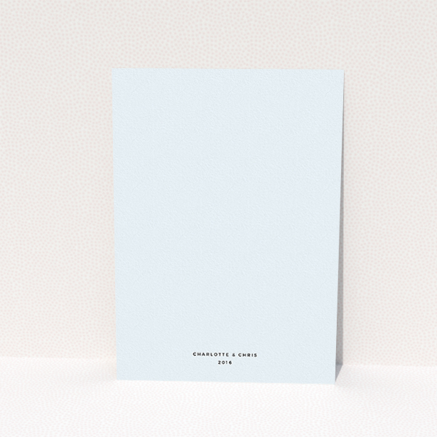 A personalised wedding invite design named "Script switch". It is an A5 invite in a portrait orientation. "Script switch" is available as a flat invite, with mainly blue colouring.