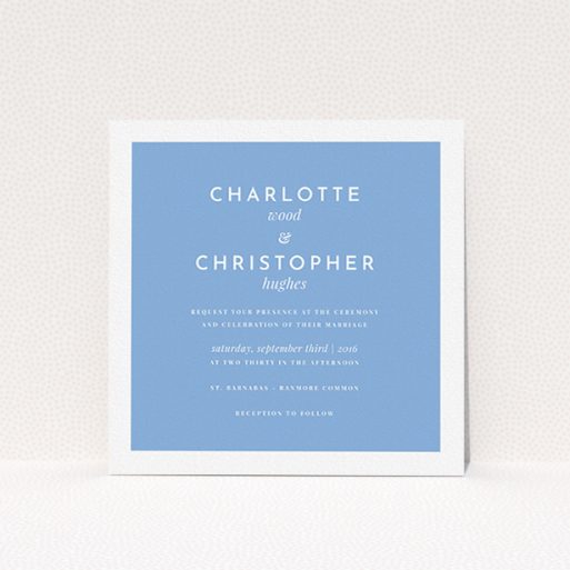 A personalised wedding invite named "Script switch". It is a square (148mm x 148mm) invite in a square orientation. "Script switch" is available as a flat invite, with tones of blue and white.